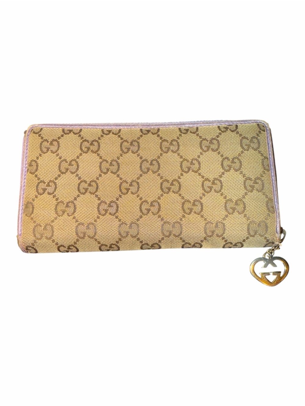 Gucci GG Canvas Zip Around Continental Wallet Purple Lilac Heart Charm